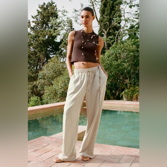 Zara Pants - ZARA Pants XS Beige Lyocell Blend Drawstring Wide Leg Relaxed Trousers
